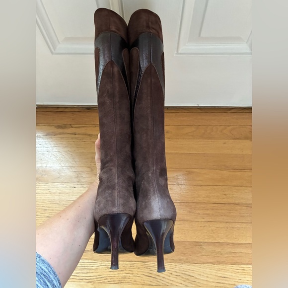 Women’s Genuine Suede Knee High Chocolate Dark Brown Heeled Boots - Picture 6 of 12